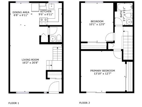Floor plan for 2 beds, 1.5 baths, 888 sqft